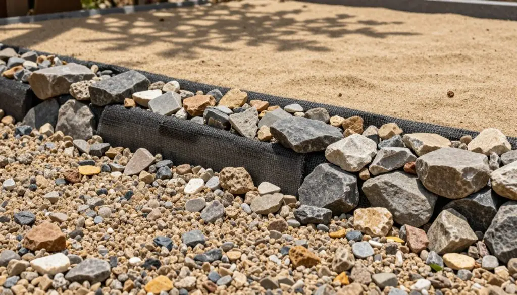 A detailed composition showcasing a variety of gravel and stone materials used for construction. In the foreground, a close-up view of different gravel sizes and textures, ranging from fine sand-like particles to larger, angular crushed stones, with their earthy, natural colors. The middle ground features a neatly layered structure showcasing bedding sand, a resilient geotextile fabric, and various crushed stones elegantly arranged, indicating a solid paver patio base. In the background, soft natural lighting creates a warm and inviting atmosphere, with gentle sunlight filtering through tree branches, casting dappled shadows over the materials. The perspective is slightly elevated to capture the layered arrangement effectively, emphasizing the rugged beauty and functional purpose of these construction materials.