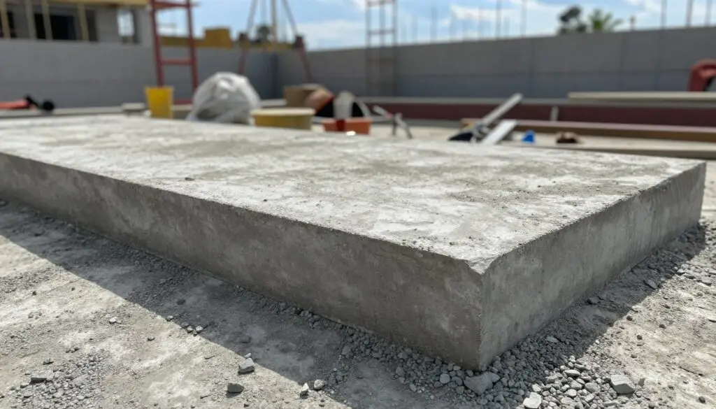 A detailed concrete slab resting on a level, gravel surface in the foreground, showcasing its rough texture and slight imperfections. The middle section reveals a nearby construction area with tools scattered around, and a partially completed wall in the background, hinting at an ongoing project. Soft, natural sunlight filters through a clear blue sky, casting gentle shadows that accentuate the slab's edges. The scene captures a sense of industriousness and clarity, framed at a slight angle to provide depth. The atmosphere is calm yet busy, emphasizing the practical and essential nature of concrete in construction, highlighting the importance of quality material in building projects.