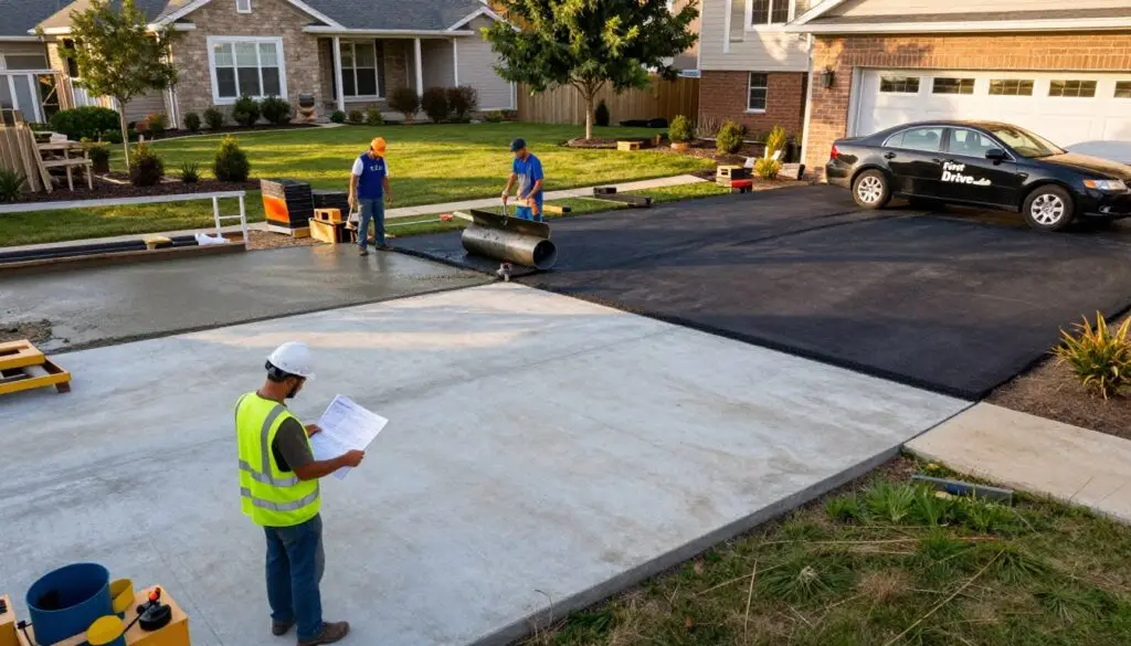 A detailed construction scene showcasing the installation process of a concrete driveway on one side and an asphalt driveway on the other. In the foreground, a professional contractor in a hard hat and safety vest examines a blueprint, surrounded by tools and materials. The middle ground features workers actively pouring concrete and rolling asphalt, capturing the intensity of the installation phase. In the background, a beautifully landscaped yard that signifies the end of the project, with a "First Drive" car parked on both driveways. The scene is illuminated by warm afternoon sunlight, casting soft shadows, creating an inviting and productive atmosphere, shot from a slightly elevated angle to capture the entire scope of the installation process. A detailed construction scene showcasing the installation process of a concrete driveway on one side and an asphalt driveway on the other. In the foreground, a professional contractor in a hard hat and safety vest examines a blueprint, surrounded by tools and materials. The middle ground features workers actively pouring concrete and rolling asphalt, capturing the intensity of the installation phase. In the background, a beautifully landscaped yard that signifies the end of the project, with a "First Drive" car parked on both driveways. The scene is illuminated by warm afternoon sunlight, casting soft shadows, creating an inviting and productive atmosphere, shot from a slightly elevated angle to capture the entire scope of the installation process.