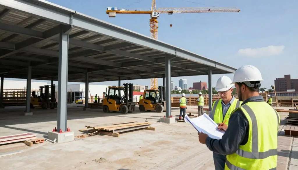 A detailed construction site showcasing warehouse building processes, emphasizing a large warehouse structure in the foreground with steel beams and concrete foundations. Skilled professionals in hard hats and safety vests analyze blueprints and construction plans on a clipboard, standing on the site. In the middle ground, construction machinery like cranes and forklifts are actively involved in moving materials, while workers collaborate in teams to enhance efficiency. The background features a clear blue sky, casting natural light on the scene, with a nearby bustling cityscape indicating the location of Knoxville. The atmosphere is industrious yet organized, reflecting a sense of collaboration and expertise in the construction process. The image should capture a sense of professionalism and commitment to quality in warehouse construction.