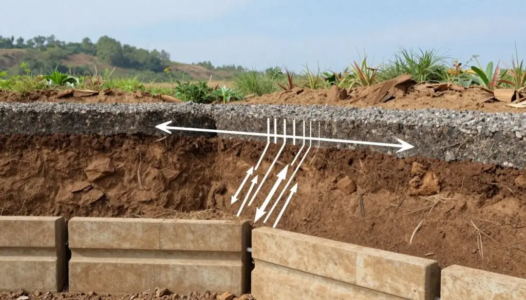 A detailed illustration of soil pressure in the context of a retaining wall, showcasing the interaction between soil and structure. In the foreground, depict a section of a sturdy, well-constructed retaining wall with visible drainage pipes. The middle layer should feature soil layers with arrows indicating the direction and magnitude of soil pressure acting against the wall. Include textures such as gravel and compacted earth for realism. In the background, represent a gently sloping landscape with native vegetation and a blue sky, enhancing the scene’s natural environment. Use soft, natural lighting to create a serene atmosphere, highlighting the technical details and complexities of soil dynamics. Aim for a clear, educational focus that visually explains the principles of soil pressure in retaining wall functionality.