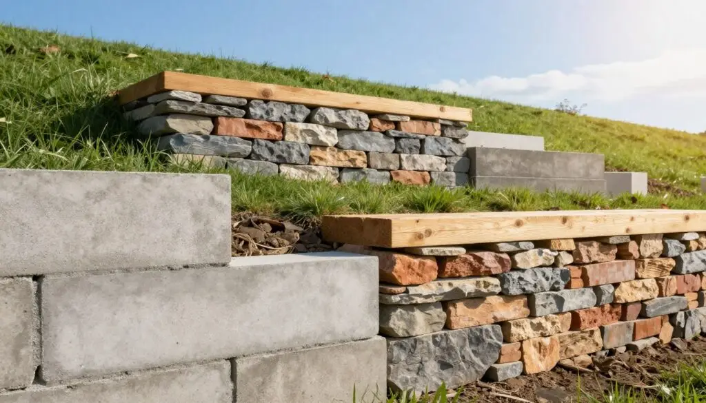 A detailed image of various retaining wall materials, displayed prominently in the foreground, showcasing concrete blocks, natural stone, timber, and bricks, each arranged meticulously to illustrate their unique textures and colors. In the middle ground, a partially constructed retaining wall sits against a lush green landscape, demonstrating the materials in use. The background features a clear blue sky, with soft sunlight casting gentle shadows, creating a warm and inviting atmosphere. The scene is captured using a wide-angle lens to emphasize the scale of the wall and materials, with a focus on clarity and vibrancy. Aim for an informative yet serene ambiance to reflect the importance of this construction topic.