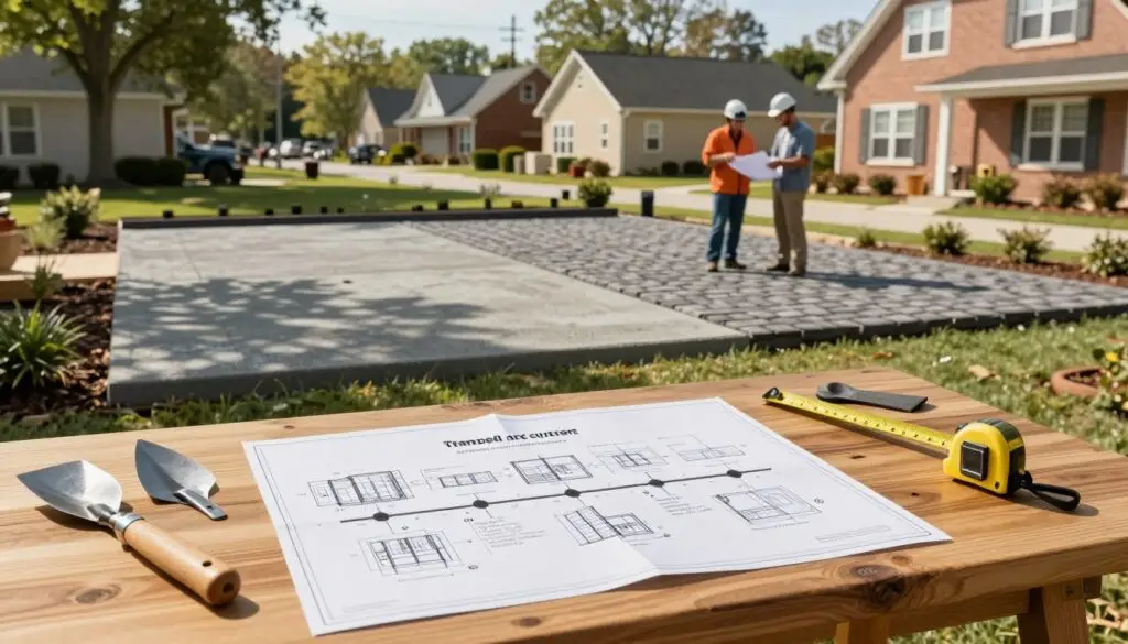 A detailed installation timeline for stamped concrete and paver projects, designed to visually guide homeowners through the process. In the foreground, a wooden table displaying a detailed blueprint with drawings of steps in the installation process, surrounded by tools like trowels and measuring tape. The middle ground features a landscaped yard, showcasing areas marked for both stamped concrete and paver installation, with hints of workers in professional attire discussing plans. The background includes a sunny Knoxville neighborhood, with trees and houses in warm colors, evoking a friendly, community atmosphere. Soft, natural lighting casts gentle shadows, creating a calm, inviting mood. The perspective should be slightly elevated, providing a comprehensive view of the installation area while focusing on the timeline elements.