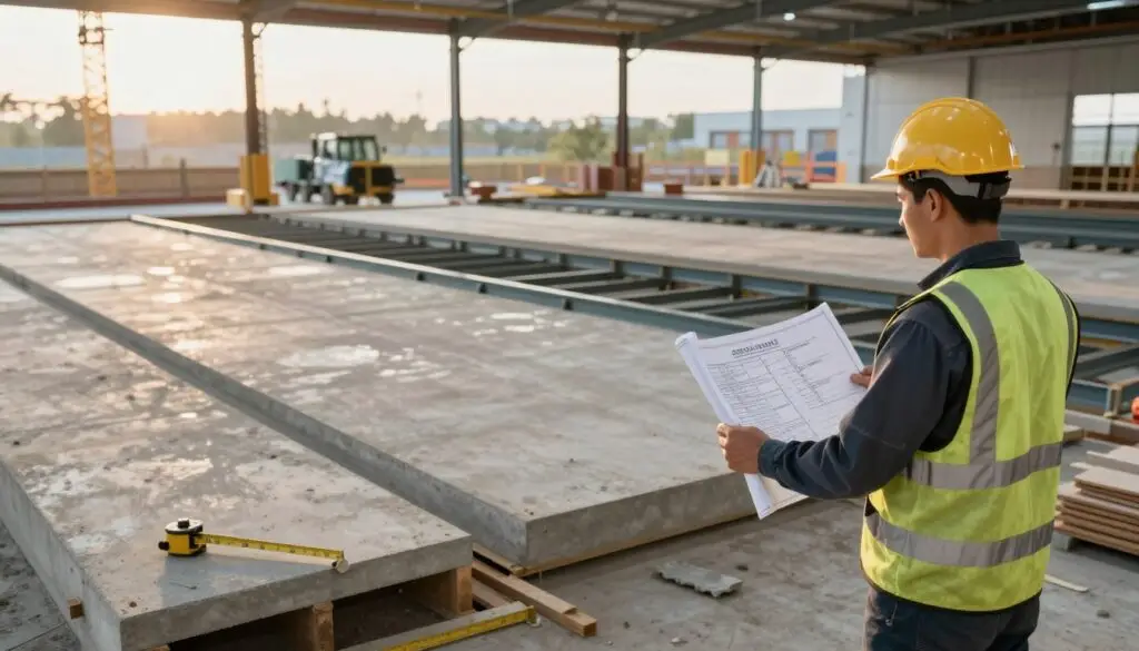 A detailed interior scene of a warehouse under construction, illustrating a hard cost breakdown per square foot. In the foreground, a construction worker in professional attire stands holding plans, analyzing blueprints for slabs and steel framing. The middle ground features various sections of the warehouse showcasing tilt-up concrete walls, framed steel structures, and loading docks, with visible measuring tools and materials stacked nearby. The background reveals machinery and cranes silhouetted against a soft afternoon light streaming through large windows, creating a warm, focused atmosphere. The composition should convey a sense of professionalism and clarity, with sharp focus on the construction details and a slight depth of field to highlight the worker and plans.