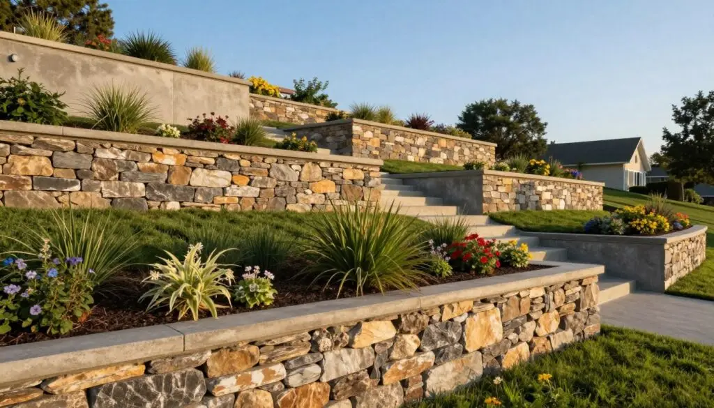 A detailed landscape featuring multiple retaining walls constructed of natural stone and reinforced concrete, showcasing their functional design and aesthetic appeal. In the foreground, a close-up view of a well-maintained stone retaining wall adorned with lush greenery and colorful flowers, capturing the intricate textures of the stones and plants. The middle ground reveals a series of retaining walls elegantly terracing a sloped landscape, providing stability and effectively guiding water runoff. The background features a peaceful suburban setting with a clear blue sky and soft, warm sunlight casting gentle shadows, enhancing the textures of the walls. The scene conveys a sense of harmony and balance, exemplifying the benefits of retaining walls for both stability and curb appeal.
