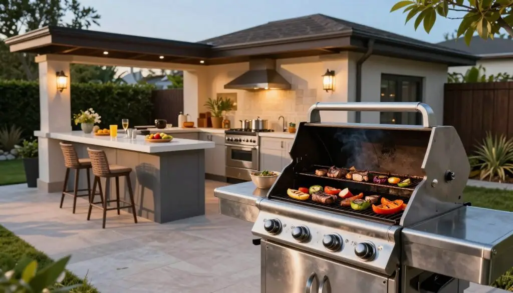 A detailed outdoor grilling area, showcasing a modern stainless steel grill in the foreground, with grilled vegetables and meats sizzling on the cooking surface. In the middle, there is a spacious counter area with bar stools, surrounded by decorative plants and outdoor lighting. The background features a well-manicured garden and a clear blue sky, with soft sunlight illuminating the scene. The atmosphere is inviting and warm, perfect for family gatherings. The image is captured from a slightly elevated angle, emphasizing the grill and kitchen setup while maintaining a sense of openness and safety. The lighting enhances the textures of the grill and the vibrant colors of the food, creating a lively and appealing scene.