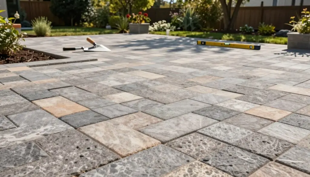 A detailed paver patio, showcasing an array of textured stone patterns and colors, beautifully arranged in a square footage layout. The foreground features a close-up view of the pavers, highlighting their quality and craftsmanship, with a focus on a few stones displaying different shades and finishes. In the middle ground, a partially completed patio project is visible, with construction tools like a trowel and level resting nearby, emphasizing the installation process. In the background, a lush garden provides a natural setting, with soft sunlight filtering through the trees, casting gentle shadows that enhance the scene. The overall mood is one of professionalism and tranquility, perfect for illustrating the cost factors in patio construction. The image should be well-lit, with a clear focus and a slightly elevated angle to capture both the patio work and the serene environment surrounding it.