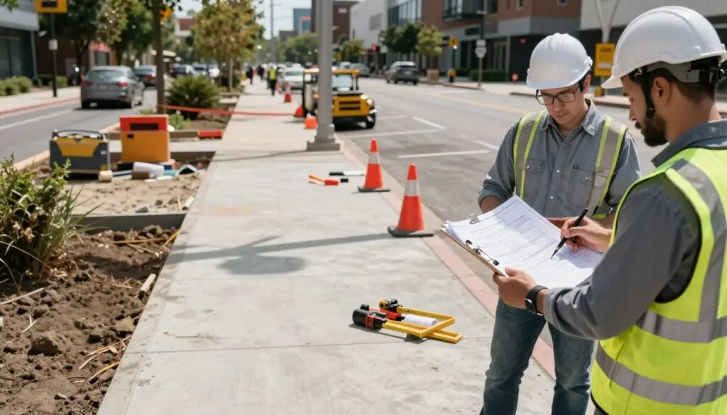 A detailed planning scene for sidewalk installation in a bustling urban environment, focusing on a partially constructed sidewalk layout. In the foreground, engineers in professional clothing examine blueprints and discuss measurements with a clipboard in hand, surrounded by tools and construction materials. The middle ground features a newly formed concrete path with construction cones and equipment, illustrating the planning phase, while the background shows city buildings and greenery, suggesting a community setting. Bright, natural daylight casts clear shadows, enhancing textures of the concrete and asphalt. The atmosphere is industrious yet organized, capturing the seriousness of compliance with codes and permits in sidewalk construction. A detailed planning scene for sidewalk installation in a bustling urban environment, focusing on a partially constructed sidewalk layout. In the foreground, engineers in professional clothing examine blueprints and discuss measurements with a clipboard in hand, surrounded by tools and construction materials. The middle ground features a newly formed concrete path with construction cones and equipment, illustrating the planning phase, while the background shows city buildings and greenery, suggesting a community setting. Bright, natural daylight casts clear shadows, enhancing textures of the concrete and asphalt. The atmosphere is industrious yet organized, capturing the seriousness of compliance with codes and permits in sidewalk construction.
