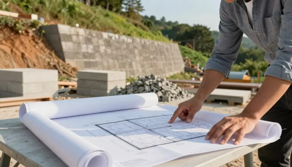A detailed scene depicting a professional landscape architect examining blueprints for a retaining wall on a steep slope. In the foreground, a large, rolled-up architectural plan with intricate designs of the wall layout lies on a sturdy table. The architect, dressed in a smart casual outfit, is pointing at specific sections of the plan, looking intently. The middle ground shows piles of construction materials, like concrete blocks and gravel, ready for use. In the background, a verdant hillside stretches upwards, showcasing the challenging terrain that necessitates the wall. The scene is bathed in warm afternoon sunlight, casting gentle shadows, with a clear blue sky overhead to evoke a calm, focused atmosphere, emphasizing the importance of planning in engineering processes.