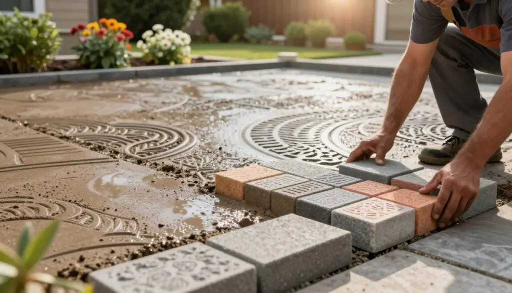 A detailed scene showcasing the installation of concrete pavers and stamped concrete in a residential outdoor setting. In the foreground, a skilled worker in professional attire meticulously aligns colorful concrete pavers, showcasing a variety of textures and patterns. The middle ground features freshly stamped concrete with intricate designs, exhibiting a rich blend of earth tones and a glossy finish. The background reveals a beautiful garden with blooming flowers and green shrubs, bathed in soft, warm sunlight creating an inviting atmosphere. The angle captures the depth of the installation process, emphasizing the craftsmanship involved. The overall mood is one of professionalism and artistry, highlighting the aesthetic appeal of both paver and concrete options. A detailed scene showcasing the installation of concrete pavers and stamped concrete in a residential outdoor setting. In the foreground, a skilled worker in professional attire meticulously aligns colorful concrete pavers, showcasing a variety of textures and patterns. The middle ground features freshly stamped concrete with intricate designs, exhibiting a rich blend of earth tones and a glossy finish. The background reveals a beautiful garden with blooming flowers and green shrubs, bathed in soft, warm sunlight creating an inviting atmosphere. The angle captures the depth of the installation process, emphasizing the craftsmanship involved. The overall mood is one of professionalism and artistry, highlighting the aesthetic appeal of both paver and concrete options.