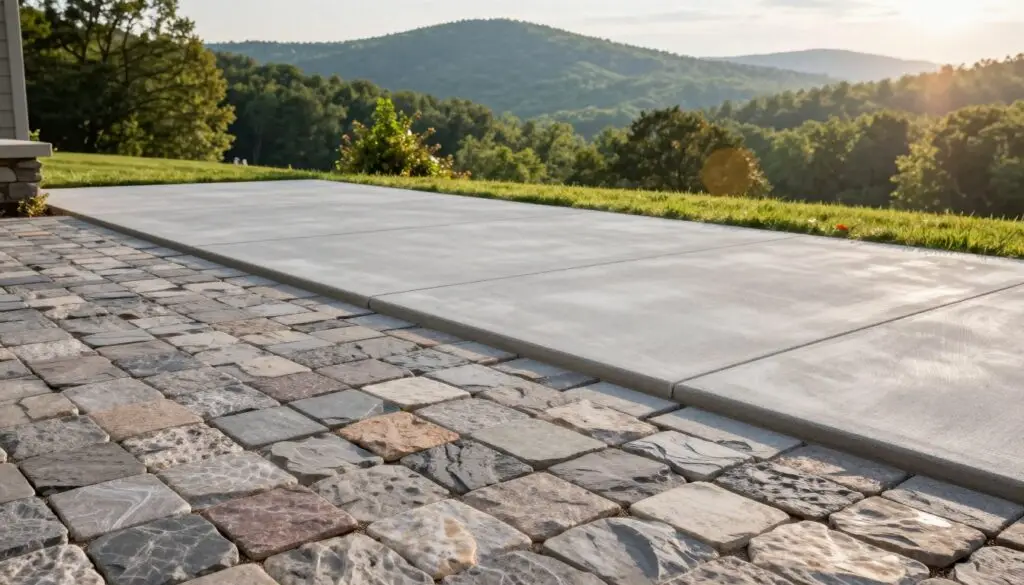 A detailed side-by-side comparison image showcasing paver patios versus concrete surfaces. In the foreground, a beautifully arranged paver patio with various colored stones, highlighting their texture and patterns. The middle ground features a smooth, modern concrete slab, reflecting its clean lines and minimalist aesthetic. In the background, a lush East Tennessee landscape with rolling hills and vibrant greenery, under soft, warm lighting to evoke a welcoming atmosphere. A subtle lens flare adds depth to the scene. The angle captures both surfaces at an eye-level perspective, ensuring clarity and detail in the comparison. The overall mood is informative yet inviting, emphasizing the beauty and practicality of both options for outdoor spaces.