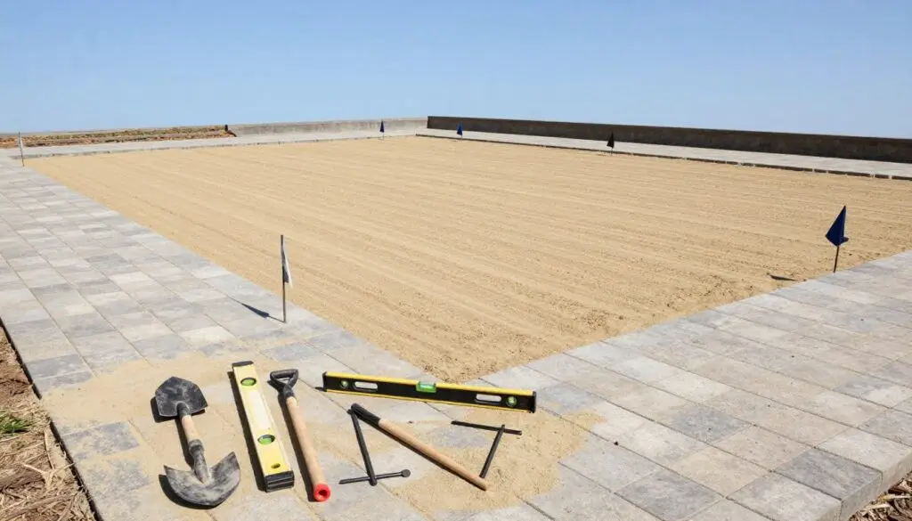 A detailed site layout for a paver patio, showcasing a freshly marked ground surface ready for installation. In the foreground, an assortment of garden tools like a shovel, level, and stakes are neatly arranged, reflecting preparation work. The middle ground prominently features a perfectly leveled sand base, with distinct lines indicating the layout plan of the pavers, all surrounded by small flags or markers. In the background, a clean, blue sky peeks over the area, suggesting an ideal weather condition for outdoor work. The lighting should be natural and bright, creating a welcoming atmosphere, with a slight overhead angle capturing the entire scene comprehensively. No human subjects present.