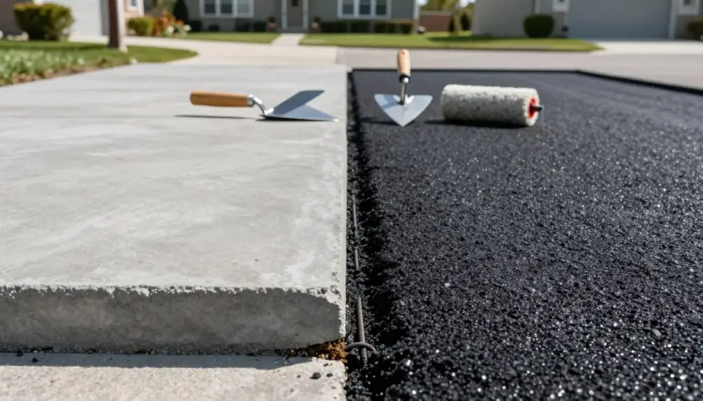 A detailed split image showcasing the contrast between concrete and asphalt materials. In the foreground, on the left, a smooth, gray concrete slab with a slightly textured surface displays its solid composition, while sections of aggregate and rebar can be subtly visible. On the right, lush black asphalt presents a shiny, slightly reflective surface highlighting its flexibility and durability. In the middle ground, tools used in the installation of both materials, like a trowel and roller, are arranged artistically. The background features a sunny suburban landscape, with a driveway leading to a well-kept home, enhancing the mood of practicality. Soft natural lighting casts gentle shadows, creating depth and richness in colors. Capture a clear, sharp focus to emphasize the distinctive textures of the two materials, evoking a sense of informed choice. A detailed split image showcasing the contrast between concrete and asphalt materials. In the foreground, on the left, a smooth, gray concrete slab with a slightly textured surface displays its solid composition, while sections of aggregate and rebar can be subtly visible. On the right, lush black asphalt presents a shiny, slightly reflective surface highlighting its flexibility and durability. In the middle ground, tools used in the installation of both materials, like a trowel and roller, are arranged artistically. The background features a sunny suburban landscape, with a driveway leading to a well-kept home, enhancing the mood of practicality. Soft natural lighting casts gentle shadows, creating depth and richness in colors. Capture a clear, sharp focus to emphasize the distinctive textures of the two materials, evoking a sense of informed choice.