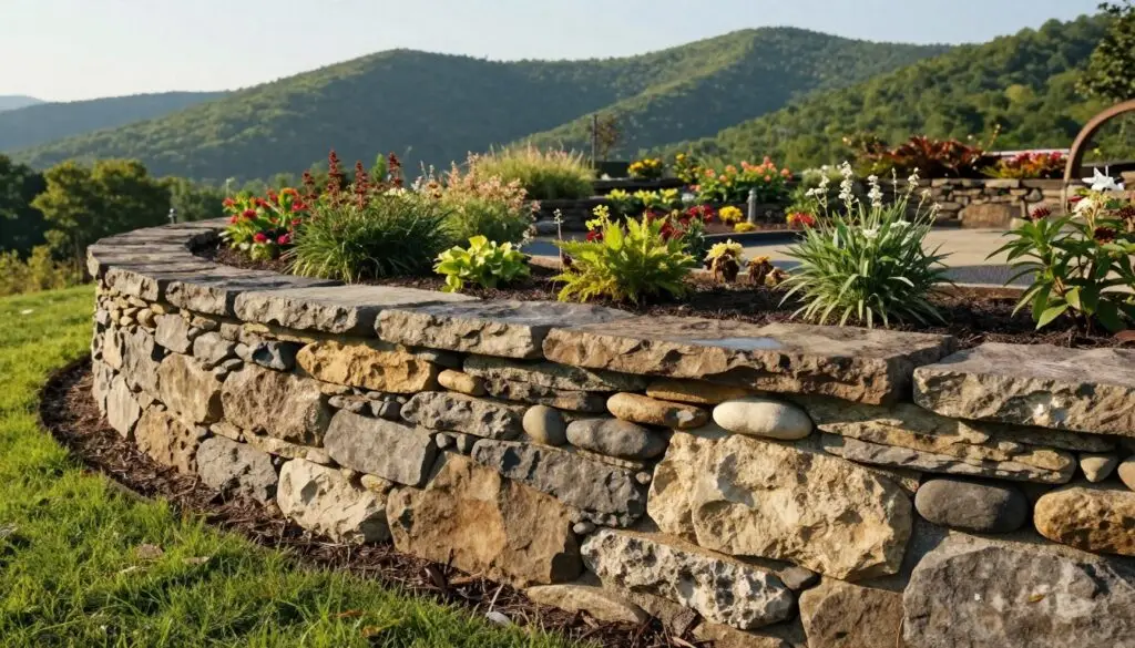 A detailed stone retaining wall elegantly integrates into a lush East Tennessee landscape. In the foreground, the wall showcases a mix of large, weathered limestone and smooth river stones, expertly stacked to create a visually appealing yet functional barrier. The middle ground features a manicured garden with colorful native plants and seasonal flowers, emphasizing the wall's practicality while enhancing curb appeal. The background features rolling green hills under a bright, sunny sky, casting soft shadows that accentuate the textures of the stones. The lighting is warm and inviting, reminiscent of late afternoon sunlight. Capture the scene using a slightly elevated angle, showcasing the wall's form and function, evoking a sense of durability and natural beauty in harmony with the surrounding environment.