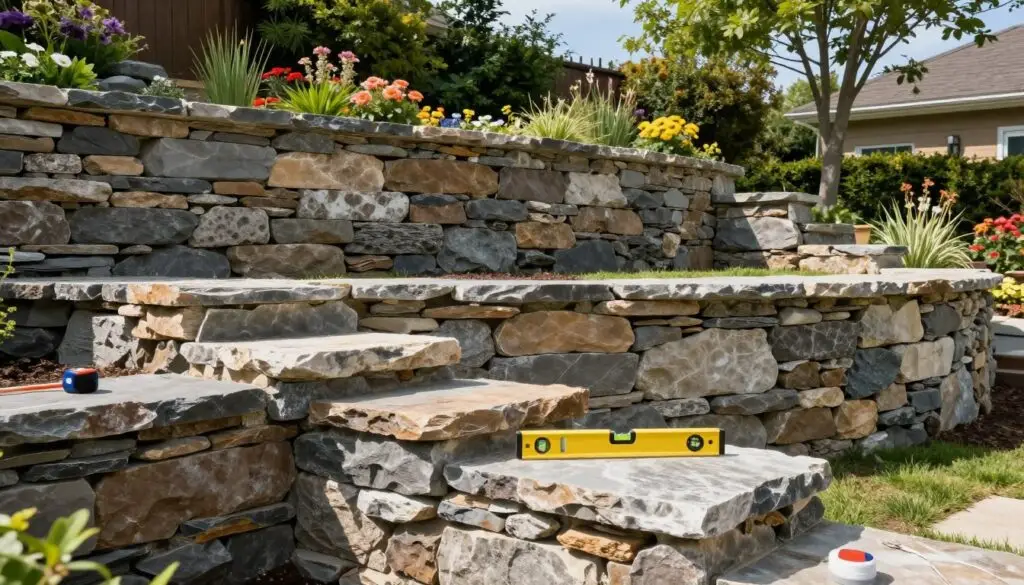 A detailed stone retaining wall in a residential garden setting, showcasing various layers of expertly stacked natural stones of different sizes and textures. In the foreground, a partially completed wall section with tools such as a level and measuring tape, signifying careful planning. In the middle ground, a landscape where the wall curves gently upward, bordered by lush greenery and colorful flowers, conveying an inviting atmosphere. In the background, soft sunlight filters through trees, casting gentle shadows, while a clear blue sky completes the serene scene. Use a slightly elevated angle to capture the wall's height and craftsmanship, emphasizing the structure’s stability and integration into the environment. The mood is professional and optimistic, highlighting the importance of planning and attention to detail in construction.