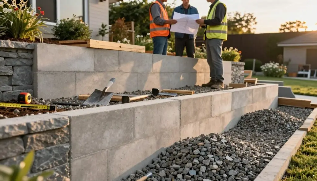 A detailed view of a modern retaining wall in a residential setting, showcasing various construction materials such as concrete blocks, stone, and wood timbers. In the foreground, a partially completed wall is shown with piles of gravel and tools like shovels and a tape measure, emphasizing the cost of materials. The middle layer features workers in professional construction attire discussing plans while holding blueprints, indicating teamwork in the building process. The background shows a beautifully landscaped yard with foliage and flowers, taken during golden hour to create a warm, inviting atmosphere. The image should be captured from a low angle, with soft, natural lighting, highlighting the textures of the wall and materials while casting gentle shadows for depth. The overall mood is professional and informative, reflecting on the average costs and factors involved in building a retaining wall.