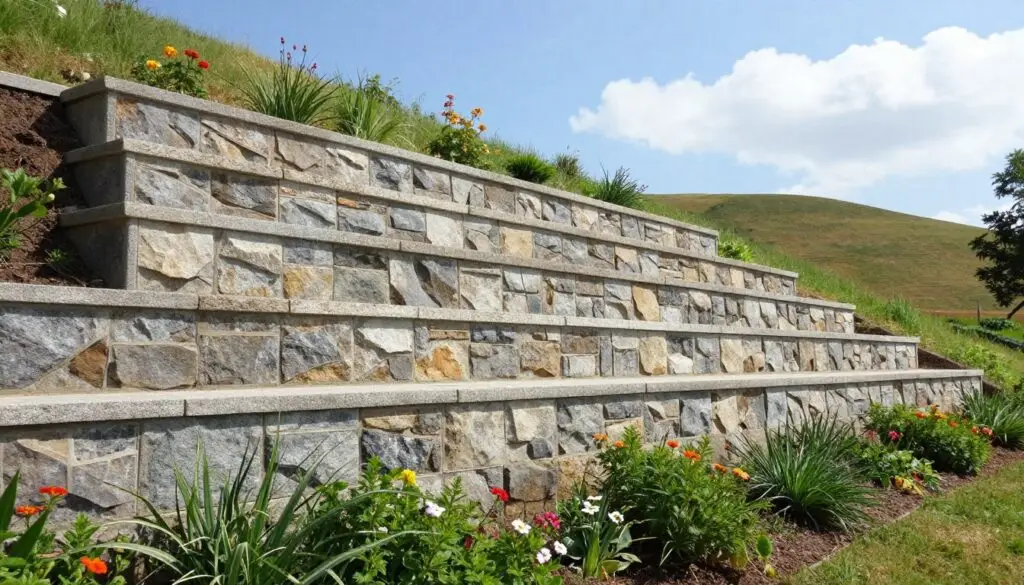 A detailed view of a retaining wall constructed with interlocking stone blocks, showcasing its structural design and purpose. In the foreground, lush greenery and vibrant flowers grow along the base of the wall, emphasizing natural integration. The middle ground features the retaining wall itself, rising prominently to retain earth from a sloped landscape, reflecting a sense of strength and durability. The background reveals a gentle hillside leading to a bright blue sky, with soft clouds enhancing the tranquil atmosphere. The image is brightly lit by natural sunlight, casting soft shadows and creating texture on the stone. Captured from a slightly elevated angle, the scene conveys a serene, functional landscape, ideal for illustrating the concept of a retaining wall in a natural setting.