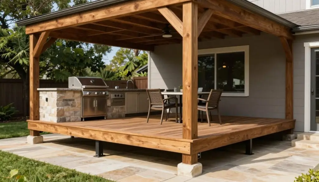 A detailed view of a structurally sound deck loaded with an outdoor kitchen setup in a cozy backyard. In the foreground, showcase a robust wooden deck, meticulously designed with strong beams and supports, adorned with a stainless steel grill, granite countertops, and elegant outdoor furniture. In the middle ground, highlight the deck's foundation, illustrating the weight distribution with visible posts anchored to the ground. The background features lush green trees and a clear blue sky, creating a serene and inviting atmosphere. Utilize natural sunlight to cast soft shadows, enhancing the textures of wood and stone. The image should evoke a sense of stability, functionality, and modern design, with an emphasis on architectural integrity and outdoor livability. A detailed view of a structurally sound deck loaded with an outdoor kitchen setup in a cozy backyard. In the foreground, showcase a robust wooden deck, meticulously designed with strong beams and supports, adorned with a stainless steel grill, granite countertops, and elegant outdoor furniture. In the middle ground, highlight the deck's foundation, illustrating the weight distribution with visible posts anchored to the ground. The background features lush green trees and a clear blue sky, creating a serene and inviting atmosphere. Utilize natural sunlight to cast soft shadows, enhancing the textures of wood and stone. The image should evoke a sense of stability, functionality, and modern design, with an emphasis on architectural integrity and outdoor livability.
