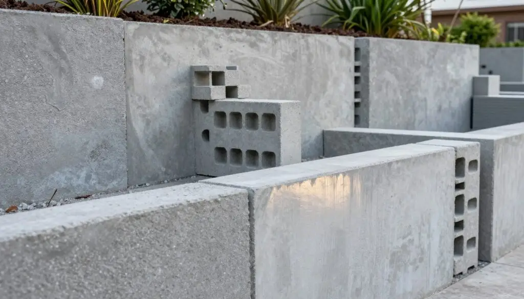 A detailed view of an array of concrete retaining wall blocks in varying sizes, showcasing different designs, textures, and color options. In the foreground, focus on a section of the blocks with rough, textured surfaces and smooth finishes reflecting the sunlight. The middle ground includes partially assembled walls, displaying innovative design features such as interlocking patterns and drainage systems, that highlight functional engineering aspects. In the background, a landscaped area with greenery and soil demonstrates the retaining wall's practical applications in a residential setting. Use soft, natural lighting to create a serene atmosphere, emphasizing the solidity and durability of the materials. Capture this scene from a low angle perspective to emphasize the height and robustness of the retaining wall blocks.