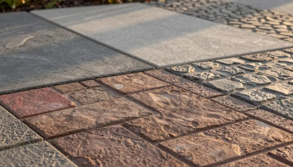 A visually striking comparison image showcasing "Cost per Square Foot" between concrete pavers and stamped concrete. In the foreground, a digitally rendered ledger or calculator displaying differing cost figures prominently, symbolizing cost analysis. In the middle ground, two distinct surfaces: one side with meticulously arranged, vibrant-colored concrete pavers, showcasing texture and pattern; the other side illustrating smooth, ornate stamped concrete with subtle designs. The background features a blurred residential landscape, emphasizing a home under soft, warm lighting, enhancing the mood of practicality and financial decision-making. The angle is slightly elevated, capturing both surfaces clearly, evoking a sense of professionalism and realism in landscaping choices. A detailed view of various stamped concrete textures, artistically arranged to showcase the intricate designs found in Knoxville, TN. In the foreground, vivid impressions of stone and brick patterns emerge, featuring rich earth tones of browns, grays, and subtle reds, each texture highlighted by gentle sunlight casting soft shadows. The middle ground presents a smooth transition to a backdrop, where larger slabs of stamped concrete exhibit different finishes like slate, cobblestone, and tile, emphasizing depth and dimension. The scene is set in a late afternoon glow, enhancing the warm ambiance, with a shallow depth of field that blurs the edges softly, focusing on the detailed textures. The overall mood is inviting and professional, ideal for inspiring creativity in concrete designs. - concrete pavers vs stamped concrete
