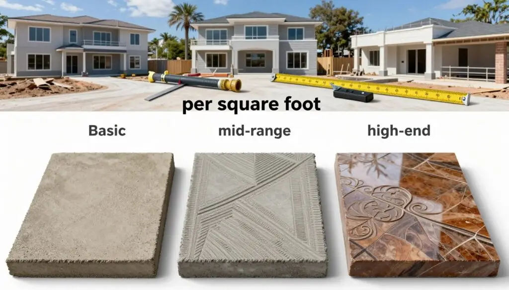 A detailed visual representation of the concept "per square foot" related to stamped concrete costs, featuring three distinct sections labeled by cost tiers: basic, mid-range, and high-end. In the foreground, display three separate concrete samples: a basic, textured concrete slab in an earthy tone, a mid-range slab featuring intricate patterns and a slight sheen, and a high-end polished concrete with elegant designs and a rich color palette. In the middle, include measuring tools and cost breakdown charts illustrative of pricing per square foot. The background should consist of a construction site with completed projects showcasing each tier in real-life applications, under bright, natural lighting to emphasize texture and detail. The atmosphere should be professional and informative, promoting a sense of expertise and guidance.