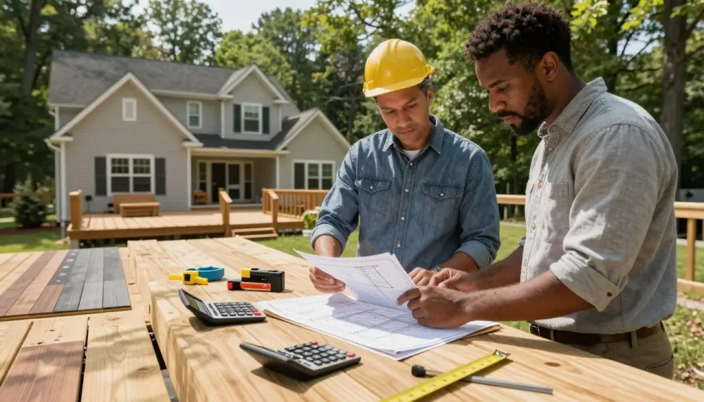 A detailed visualization of a Knoxville deck construction scene featuring a diverse team of two professionals in business casual attire calculating costs and inspecting building materials. In the foreground, a clipboard and a calculator are placed on a wooden deck surface, surrounded by measuring tools. The middle ground shows the team engaged in discussion over blueprints of a deck design, highlighted by natural sunlight filtering through green trees. In the background, a beautiful suburban home with a recently constructed deck showcases varying materials like wood and composite. The atmosphere conveys an air of professionalism and careful planning, with soft shadows and vibrant colors to emphasize the importance of budget considerations in deck building.