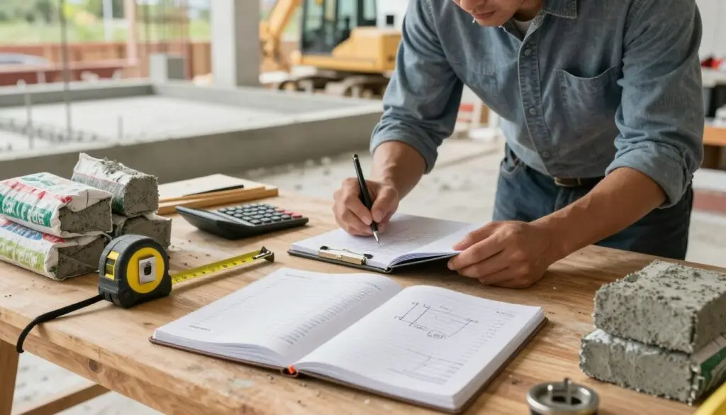 A detailed workspace scene depicting cubic yard calculations for concrete, featuring a wooden desk cluttered with construction materials. In the foreground, a large, open notebook displays handwritten calculations and diagrams illustrating the conversion from square feet to cubic yards. Nearby, a square yard measuring tape and a calculator sit next to a small pile of concrete mix bags. In the middle ground, a professional contractor in business attire carefully analyzes the calculations, exuding a focused and determined expression. The background is a partially constructed building site with concrete foundations and heavy machinery, bathed in natural light, creating a practical, industrious atmosphere. The image should have a warm, inviting glow, highlighting the importance of precision in concrete estimation.