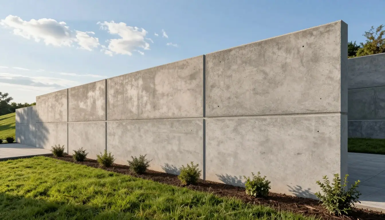 A meticulously constructed concrete retaining wall, showcasing robust vertical slabs with textured surfaces, standing tall against a gently sloping landscape. In the foreground, vibrant green grass and a few small decorative shrubs provide a natural contrast to the gray concrete. The middle ground reveals a paved pathway leading up to the wall, with subtle shadows cast in the warm afternoon sunlight, enhancing the texture of the wall. In the background, a clear blue sky with soft white clouds creates a serene atmosphere. The scene is captured from a slightly elevated angle to emphasize the wall's height and stability. The overall mood is professional and reassuring, highlighting the reliability and craftsmanship of retaining wall installation. Geo Retaining wall contractor