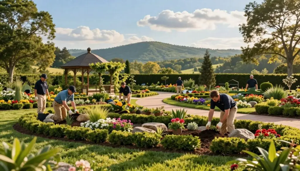 A picturesque landscape service scene set in Knoxville, TN, showcasing a lush, well-manicured garden in the foreground with vibrant flower beds, neatly trimmed hedges, and ornamental trees. Professional landscape workers, dressed in branded polo shirts and khaki pants, are actively planting flowers and arranging stones. In the middle ground, a neatly paved pathway winds through the garden, leading to a charming gazebo adorned with climbing vines. The background features rolling hills under a bright blue sky, with soft, fluffy clouds enhancing the serene atmosphere. The lighting is warm and golden, suggesting late afternoon, casting gentle shadows that add depth to the scene. The overall mood is serene and inviting, emphasizing the beauty and craftsmanship of landscape services.