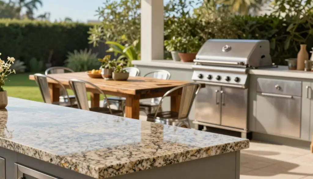 A picturesque outdoor kitchen setting featuring enduring and stylish materials: in the foreground, a polished granite countertop with natural stone texture, gleaming under soft sunlight. In the middle ground, a rustic wooden dining table surrounded by elegant stainless steel chairs, showcasing the blend of warmth and modernity. Equipped with a high-quality stainless steel grill that's both sleek and functional. The background features a lush garden with vibrant greenery and a clear blue sky, enhancing the serene atmosphere. Use soft, diffused lighting to create a warm and inviting mood. The image should be shot from a slightly elevated angle, capturing all materials harmoniously while avoiding clutter. No text or additional elements present.