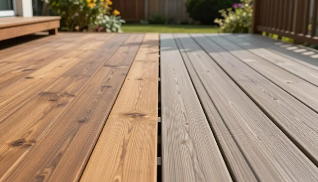 A picturesque outdoor setting depicting two distinct deck materials side by side, showcasing the contrast between a traditional wooden deck and a modern composite deck. In the foreground, the wooden deck features warm, natural grains and textures, while the composite deck is sleek, uniform, and more colorful. In the middle, a subtle variation in lighting highlights each deck’s unique qualities, with sunlight casting gentle shadows. In the background, a serene garden scene adds depth, with soft bokeh effects capturing the essence of a tranquil home environment. The mood is one of warmth and thoughtful consideration, inviting homeowners to reflect on their deck material choices. Use a wide-angle lens for a dynamic perspective, ensuring the image is crisp and vibrant with a balance of natural light.