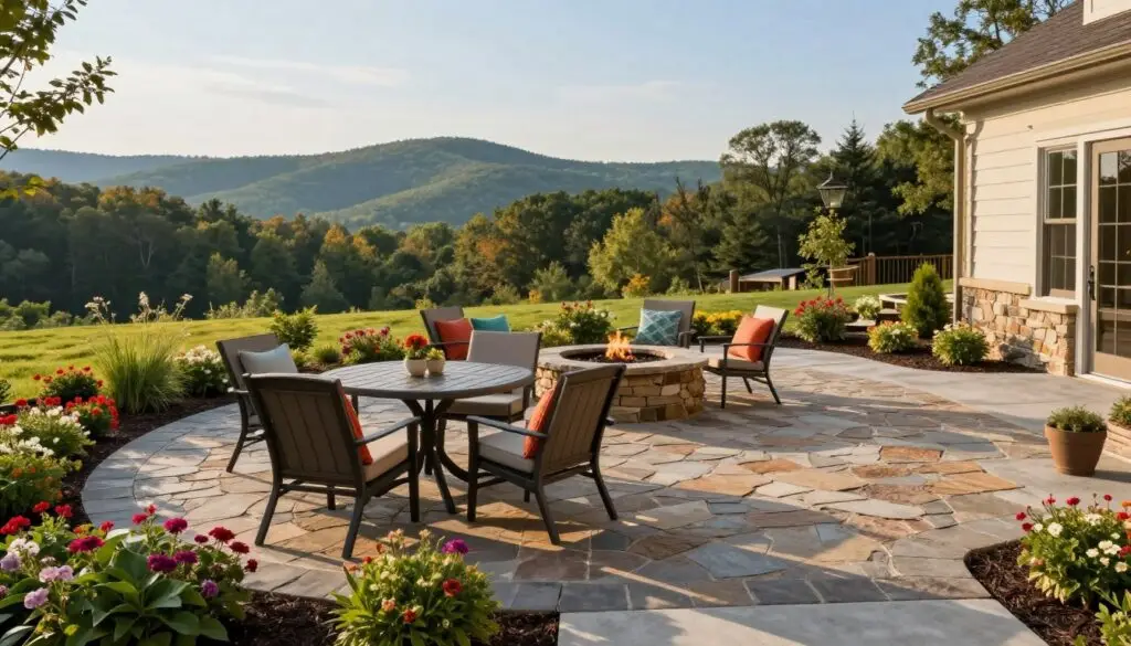 A picturesque paver patio design in East Tennessee, showcasing a beautifully arranged blend of natural stone and concrete pavers. In the foreground, elegant outdoor furniture—a stylish table with matching chairs—invites relaxation, adorned with vibrant cushions. Lush, flowering plants border the patio, adding splashes of color. In the middle ground, a cozy fire pit surrounded by stones provides warmth, surrounded by well-tended landscaping that reflects the natural beauty of the region. The background features gentle rolling hills under a clear blue sky, framed by soft afternoon sunlight that casts warm, golden hues across the scene. The overall atmosphere is inviting and serene, perfect for gatherings or quiet evenings. The image captures the essence of outdoor living that East Tennessee homeowners cherish.