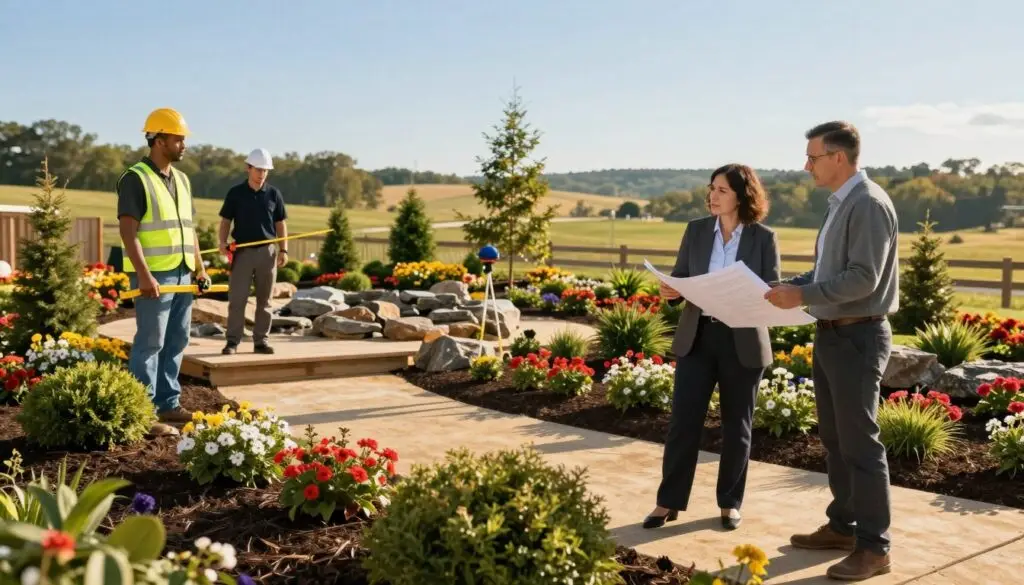 A professional construction team gathered outside a newly completed landscaping project in Knoxville, TN. In the foreground, two individuals in business attire discuss plans, while a third person measures the area with a tape measure. The middle ground showcases a beautifully landscaped garden, featuring vibrant flowers, neatly trimmed bushes, and a decorative rock pathway. In the background, a clear blue sky is complemented by distant rolling hills. The scene is bathed in warm, golden sunlight, creating a welcoming atmosphere. The perspective is slightly elevated, capturing the essence of teamwork and commitment in landscape services. Aim for a balanced composition that reflects professionalism and dedication without text or branding elements.
