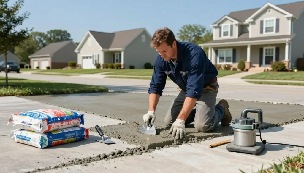 A professional contractor in a crisp, navy-blue work shirt and safety gear is meticulously repairing a concrete driveway in a suburban Knoxville neighborhood. In the foreground, tools like a trowel, concrete mix bags, and a small mixer are neatly arranged. The middle features the contractor applying a fresh layer of concrete to a patched area, showcasing the texture and detail of the material. In the background, charming single-family homes with well-kept lawns under a clear blue sky evoke a sense of trust and comfort. The lighting is bright and natural, emphasizing the craftsmanship and professionalism of the work. The atmosphere conveys diligence and quality service, reflecting the trust homeowners have in local experts for driveway repairs.
