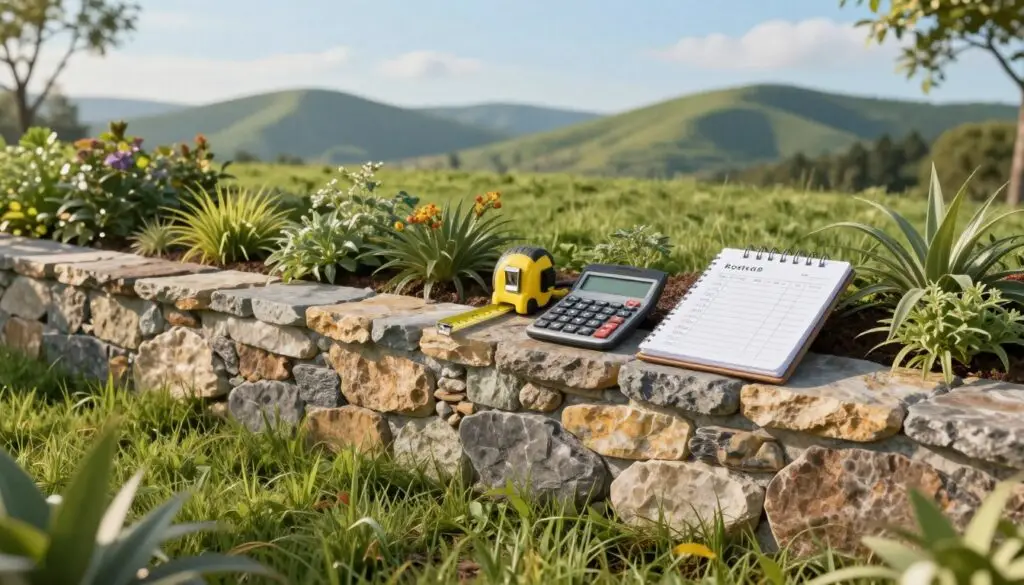 A realistic illustration depicting the average cost of a retaining wall. In the foreground, showcase a beautifully constructed retaining wall made of locally sourced stone, displaying variations in texture and color. The wall should be partially surrounded by lush greenery and low-maintenance plants, which highlight the landscape design. In the middle ground, feature a neatly arranged tools section that includes a tape measure, a calculator, and a notepad with a rough cost breakdown. The background should consist of a scenic view of rolling hills under a bright blue sky, creating an inviting and serene atmosphere. Utilize soft, natural lighting to emphasize the textures of the stone and plants, simulating an early afternoon setting. The composition should be captured using a wide-angle lens to encapsulate the full scene harmoniously, ensuring a professional yet approachable feel in the image.