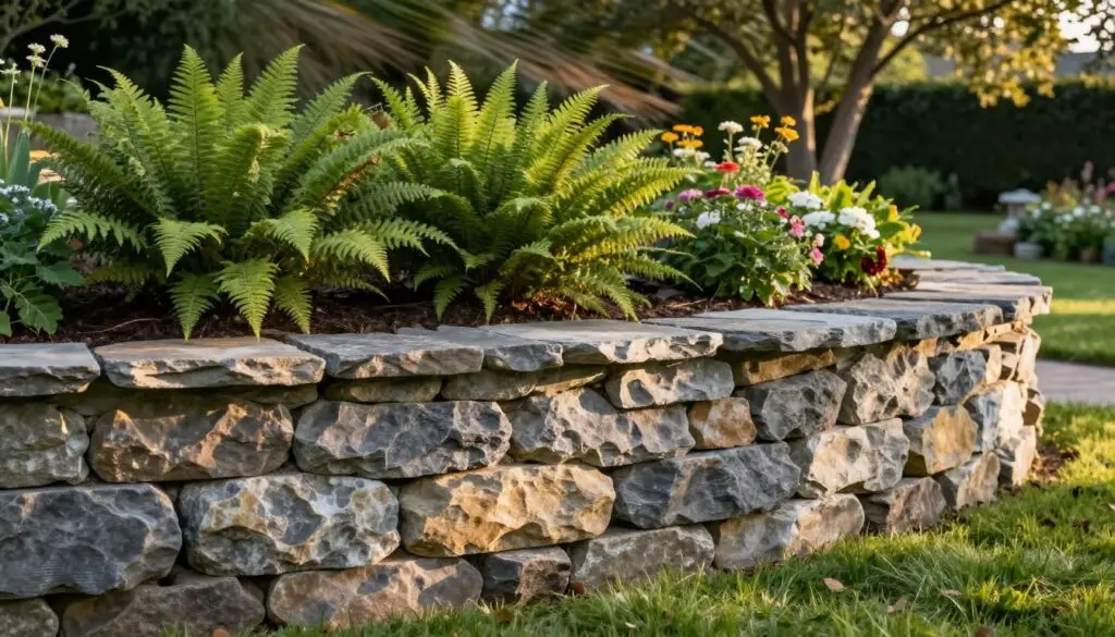 A rustic outdoor scene showcasing a beautifully crafted natural stone retaining wall, expertly integrated into a lush backyard landscape. In the foreground, the stone wall features varying shades of grays and earthy tones, with a texture that highlights the unique patterns of each stone. In the middle ground, vibrant greenery such as ferns and flowering plants cascade over the wall, adding a touch of life and color. The background features a serene garden with trees gently swaying in the breeze. The lighting is warm and inviting, with soft afternoon sunlight illuminating the stones, casting gentle shadows that enhance their dimensionality. The atmosphere is tranquil and timeless, ideal for a classic outdoor setting that emphasizes the beauty of natural materials used in landscaping.