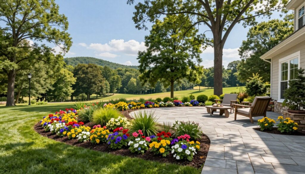 A serene and professionally designed landscape in Knoxville, TN, featuring a harmonious blend of native plants, manicured lawns, and elegant hardscaping elements. In the foreground, a vibrant flower bed bursts with color, bordered by a well-maintained stone pathway. The middle ground showcases a skillfully crafted patio area with natural stone pavers and outdoor furniture, inviting relaxation. In the background, rolling hills framed by tall, lush trees under a bright blue sky give a sense of tranquil natural beauty. Soft, warm sunlight filters through the branches, casting gentle shadows. The overall mood is inviting and peaceful, embodying the craftsmanship and care of Anchored Construction. Shot from a slightly elevated angle to capture the depth of the design and landscape features, emphasizing the expert attention to detail. A serene and professionally designed landscape in Knoxville, TN, featuring a harmonious blend of native plants, manicured lawns, and elegant hardscaping elements. In the foreground, a vibrant flower bed bursts with color, bordered by a well-maintained stone pathway. The middle ground showcases a skillfully crafted patio area with natural stone pavers and outdoor furniture, inviting relaxation. In the background, rolling hills framed by tall, lush trees under a bright blue sky give a sense of tranquil natural beauty. Soft, warm sunlight filters through the branches, casting gentle shadows. The overall mood is inviting and peaceful, embodying the craftsmanship and care of Anchored Construction. Shot from a slightly elevated angle to capture the depth of the design and landscape features, emphasizing the expert attention to detail.