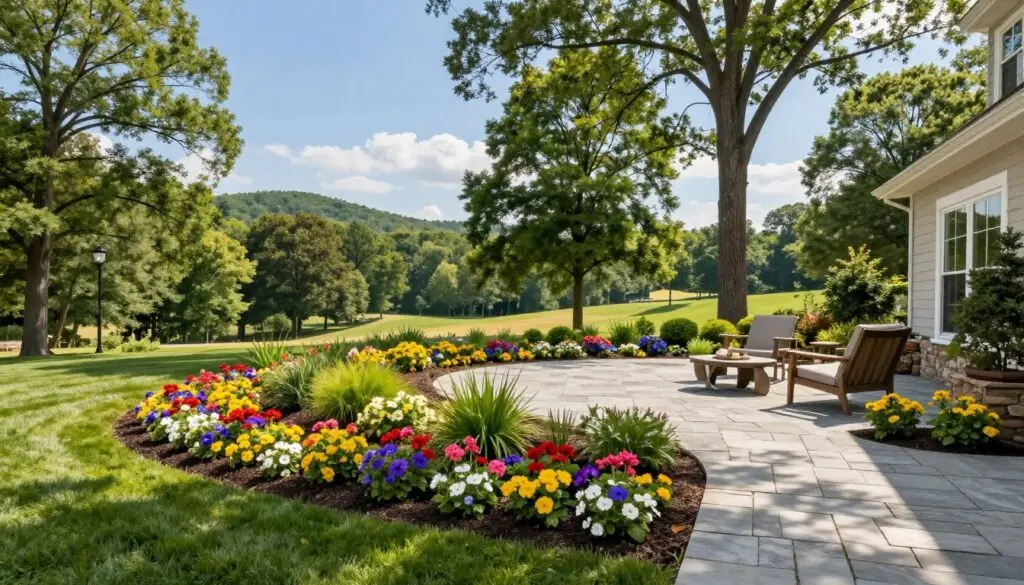 A serene and professionally designed landscape in Knoxville, TN, featuring a harmonious blend of native plants, manicured lawns, and elegant hardscaping elements. In the foreground, a vibrant flower bed bursts with color, bordered by a well-maintained stone pathway. The middle ground showcases a skillfully crafted patio area with natural stone pavers and outdoor furniture, inviting relaxation. In the background, rolling hills framed by tall, lush trees under a bright blue sky give a sense of tranquil natural beauty. Soft, warm sunlight filters through the branches, casting gentle shadows. The overall mood is inviting and peaceful, embodying the craftsmanship and care of Anchored Construction. Shot from a slightly elevated angle to capture the depth of the design and landscape features, emphasizing the expert attention to detail.