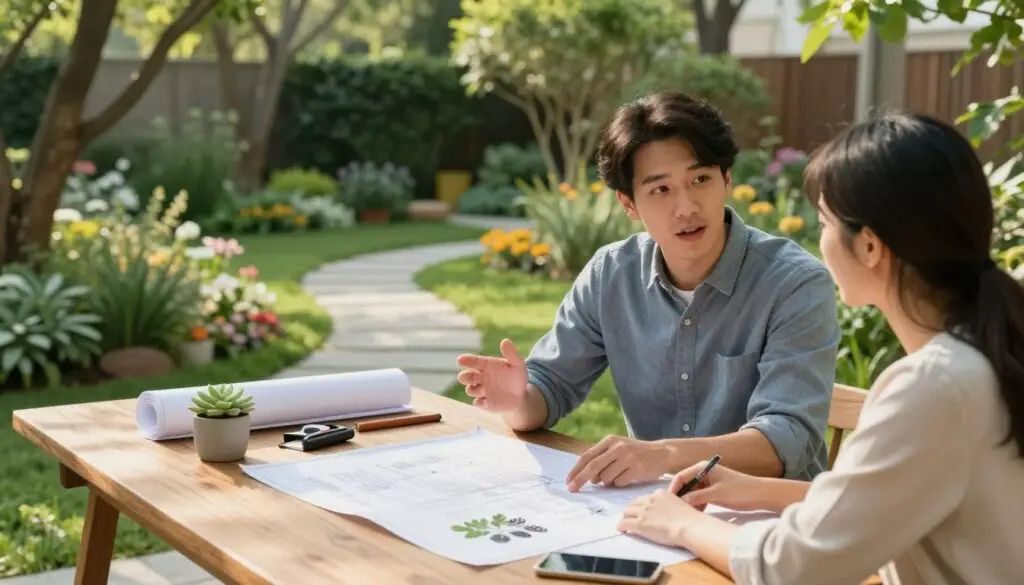 A serene landscape consultation scene, featuring a professional landscape designer in smart casual attire. The foreground showcases a beautiful wooden table covered with blueprints, plant samples, and tools. In the middle, the designer is engaged in conversation with a potential client, gesturing towards the plans with enthusiasm and clarity. The background reveals a lush green garden filled with a variety of flowering plants, trees, and an artistic stone path, creating a sense of harmony and inspiration. Soft, warm natural lighting filters through the trees, casting gentle shadows, and creating an inviting atmosphere. The shot is taken at eye-level to enhance the connection between the designer and the client, emphasizing a collaborative and engaging consultation process. A serene landscape consultation scene, featuring a professional landscape designer in smart casual attire. The foreground showcases a beautiful wooden table covered with blueprints, plant samples, and tools. In the middle, the designer is engaged in conversation with a potential client, gesturing towards the plans with enthusiasm and clarity. The background reveals a lush green garden filled with a variety of flowering plants, trees, and an artistic stone path, creating a sense of harmony and inspiration. Soft, warm natural lighting filters through the trees, casting gentle shadows, and creating an inviting atmosphere. The shot is taken at eye-level to enhance the connection between the designer and the client, emphasizing a collaborative and engaging consultation process.