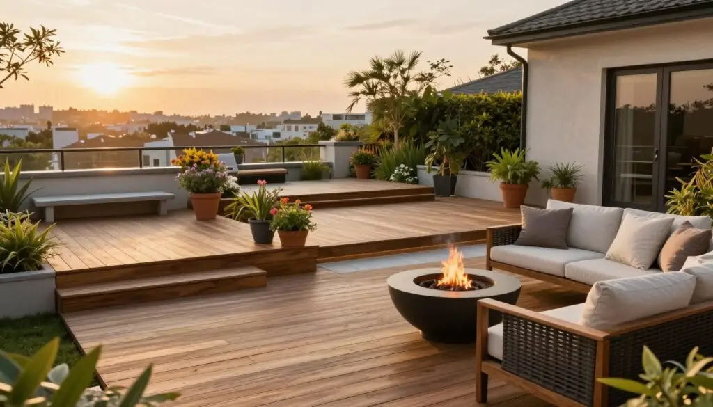A serene outdoor deck scene showcasing diverse deck ideas thoughtfully designed for different home styles. In the foreground, a beautifully crafted wooden deck with stylish outdoor furniture, including a cozy seating arrangement with plush cushions, and a small, elegant fire pit. The middle ground features a variety of deck styles, such as a modern composite deck with sleek lines, a rustic wooden deck surrounded by potted plants and flowers, and a chic rooftop deck with a panoramic city view. The background displays a lush garden with vibrant greenery and a soft sunset, casting warm, golden lighting that enhances the inviting atmosphere. Overall, the mood is tranquil and inspiring, perfect for homeowners seeking outdoor transformations. A serene outdoor deck scene showcasing diverse deck ideas thoughtfully designed for different home styles. In the foreground, a beautifully crafted wooden deck with stylish outdoor furniture, including a cozy seating arrangement with plush cushions, and a small, elegant fire pit. The middle ground features a variety of deck styles, such as a modern composite deck with sleek lines, a rustic wooden deck surrounded by potted plants and flowers, and a chic rooftop deck with a panoramic city view. The background displays a lush garden with vibrant greenery and a soft sunset, casting warm, golden lighting that enhances the inviting atmosphere. Overall, the mood is tranquil and inspiring, perfect for homeowners seeking outdoor transformations.