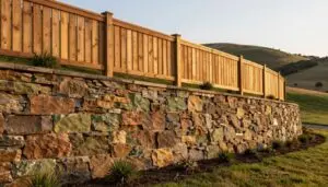 A serene outdoor scene showcasing a sturdy retaining wall complemented by a wooden fence. In the foreground, a textured stone retaining wall rises gracefully, featuring rich colors of earthy browns and greens, expertly blended with layers of soil and small plants at its base. Just behind, a well-constructed wooden fence, with vertical slats stained a warm cedar color, gently curves along the hillside. The background features a subtle, rolling landscape bathed in soft, golden sunlight, enhancing the tranquility of the setting. The mood is calm and inviting, perfect for a landscaped garden area. The image is captured with a wide-angle lens, emphasizing the harmonious relationship between the fence and retaining wall while showcasing their structural integrity. The atmosphere conveys a sense of stability and aesthetic appeal. Geo Retaining wall contractor