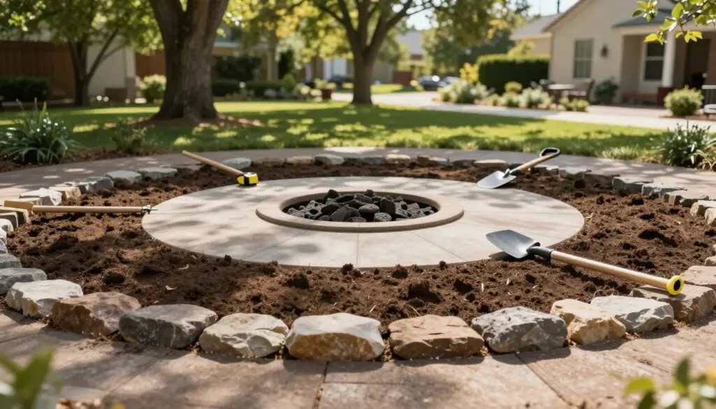 A serene outdoor setting featuring a perfectly circular layout prepared for a fire pit installation. In the foreground, rich soil is leveled and surrounded by neatly arranged stones, giving a sense of structure and precision. The middle ground showcases well-defined boundaries for the fire pit area, with tools like a shovel and measuring tape placed strategically to illustrate the preparation process. In the background, mature trees provide natural shade, and soft sunlight filters through, casting gentle shadows. The atmosphere is calm and inviting, emphasizing the importance of a well-planned site. A shallow depth of field focuses on the layout, creating a professional and informative look suitable for an instructional setting.