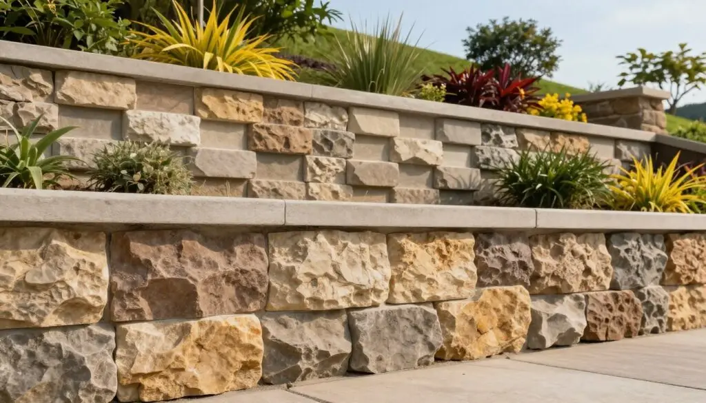 A serene outdoor setting showcasing a variety of polished wall blocks used in retaining wall construction. In the foreground, highlight textured stone blocks with earthy tones and varied sizes, arranged in a stylish configuration. In the middle ground, include a well-designed retaining wall, displaying smooth, interlocking formats, set against colorful, thriving garden plants. The background features a gentle slope with lush greenery and a clear blue sky casting soft natural light, enhancing the colors and textures. Capture this scene from a low angle to accentuate the wall's height and design, evoking a sense of craftsmanship and outdoor elegance. The overall mood is inviting and tranquil, perfect for illustrating materials and design options.
