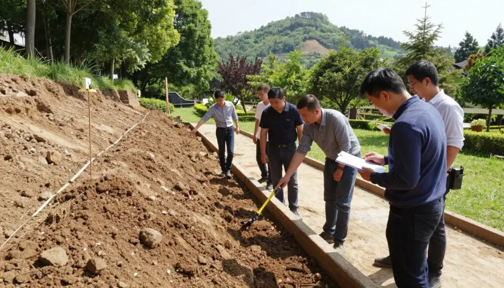 A serene outdoor site assessment for a retaining wall, featuring a small team of professionals in smart casual attire, examining the landscape. In the foreground, one engineer examines soil samples with a clipboard, while another points to a potential wall location. The middle ground presents an unlevel sloped terrain, marked with stakes and measuring tape to indicate planning for the retaining wall. In the background, a lush green garden with trees and a distant view of a small hill showcases a tranquil, sunny day, with soft shadows cast by the sun. The atmosphere is focused and collaborative, emphasizing careful planning and safety. The image is brightly lit, capturing the details of the site with a wide-angle lens perspective.
