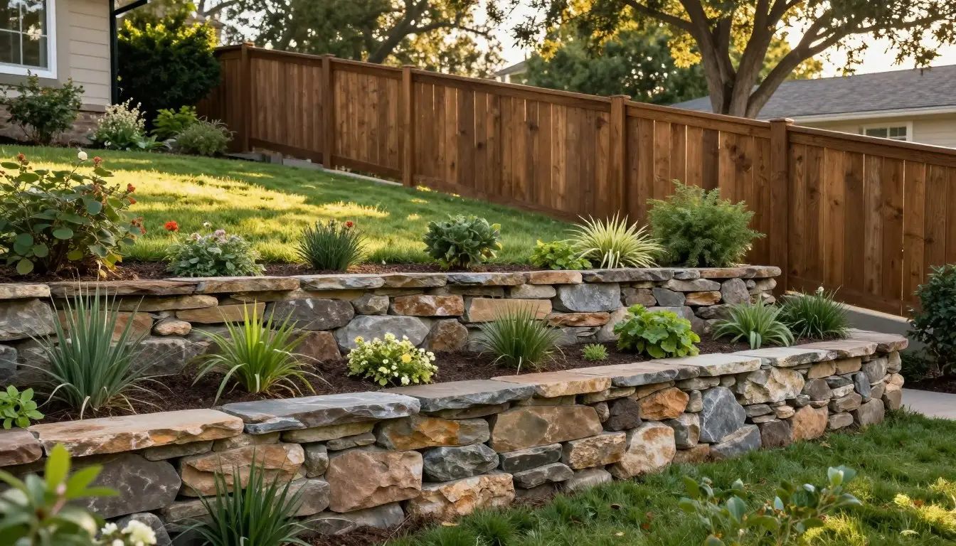 A serene residential property scene featuring a robust, well-constructed retaining wall made of natural stone, installed to prevent soil erosion. In the foreground, the retaining wall is adorned with lush greenery and small flowering plants, illustrating its integration with the landscape. In the middle ground, a sturdy wooden fence complements the wall, enhancing the property’s charm while providing privacy. The background shows a gently sloping yard that leads to a tree-lined area, bathed in warm, soft afternoon sunlight. The image captures the mood of tranquility and stability, with an emphasis on the functionality and beauty of the retaining wall as a vital component of the property. The angle should be slightly elevated, focusing on the intersection of the wall and fence, creating a harmonious balance in the composition. Geo Retaining wall contractor