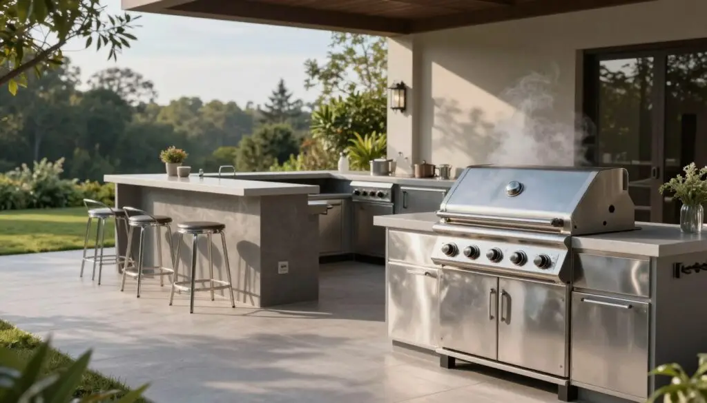 A sleek, modern outdoor kitchen setting featuring stainless steel appliances, countertops, and a bar area. In the foreground, a polished stainless steel grill emits a subtle steam, showcasing its reflective surface. The middle ground includes a beautifully designed bar with stainless steel stools, arranged around a countertop with built-in amenities. The background displays a serene outdoor landscape with lush greenery and a soft blue sky, enhancing the tranquility of the space. Soft, natural lighting filters through trees, casting gentle shadows. The angle captures the entire setup from a slight elevation, emphasizing the layout and functionality of the outdoor kitchen. The mood is inviting and elegant, perfect for entertaining guests in a stylish outdoor environment.
