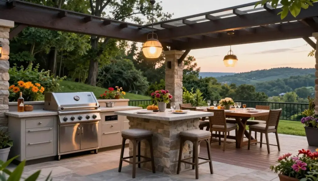 A spacious outdoor kitchen set in a beautifully designed deck, framed by lush greenery and vibrant flowers in the background. In the foreground, a sleek stainless steel grill and an elegant stone countertop with bar stools invite gatherings. A wooden dining table, elegantly set for a meal, adds warmth to the scene. Bright pendant lights illuminate the space, casting a welcoming glow during the golden hour. The background features a panoramic view of the Knoxville landscape, enhancing the outdoor living feel. The atmosphere exudes comfort and sophistication, reflecting a personal oasis for entertaining family and friends in style. Capture this scene from a slightly elevated angle to emphasize the harmony of nature and outdoor living. A spacious outdoor kitchen set in a beautifully designed deck, framed by lush greenery and vibrant flowers in the background. In the foreground, a sleek stainless steel grill and an elegant stone countertop with bar stools invite gatherings. A wooden dining table, elegantly set for a meal, adds warmth to the scene. Bright pendant lights illuminate the space, casting a welcoming glow during the golden hour. The background features a panoramic view of the Knoxville landscape, enhancing the outdoor living feel. The atmosphere exudes comfort and sophistication, reflecting a personal oasis for entertaining family and friends in style. Capture this scene from a slightly elevated angle to emphasize the harmony of nature and outdoor living.