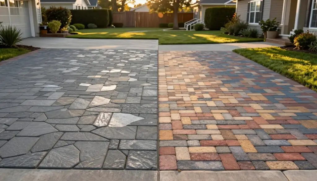 A detailed comparison scene illustrating the concept of "square foot cost" between a paver patio and stamped concrete. In the foreground, a professional in business attire holds a clipboard with pricing information, deep in thought. The middle ground features a visually striking side-by-side comparison of a textured paver patio on one side and a smooth stamped concrete surface on the other. The background shows lush greenery and a clear blue sky, creating a serene atmosphere. Soft, natural lighting bathes the scene, highlighting the differences in material textures. The camera angle is slightly elevated to encompass both surfaces, ensuring clarity in the presented features. The mood is focused and informative, suitable for a cost analysis discussion. A split-view image showcasing a comparison between stamped concrete and pavers for driveways. In the foreground, on the left, display an intricately designed stamped concrete driveway with distinct textures and patterns resembling natural stone, featuring subtle shades of gray and earth tones, glistening under soft afternoon sunlight. In the foreground on the right, illustrate a beautifully arranged set of colorful pavers, varying in size and hues, laid in a complementary pattern, casting gentle shadows on an inviting lawn. In the middle, create a clear dividing line that emphasizes the contrast between the two materials. The background features a residential setting with manicured gardens and a serene atmosphere, enhanced by golden hour lighting, giving a warm and appealing feel to both driveways, highlighting their unique benefits and aesthetic charm. - paver patio vs stamped concrete