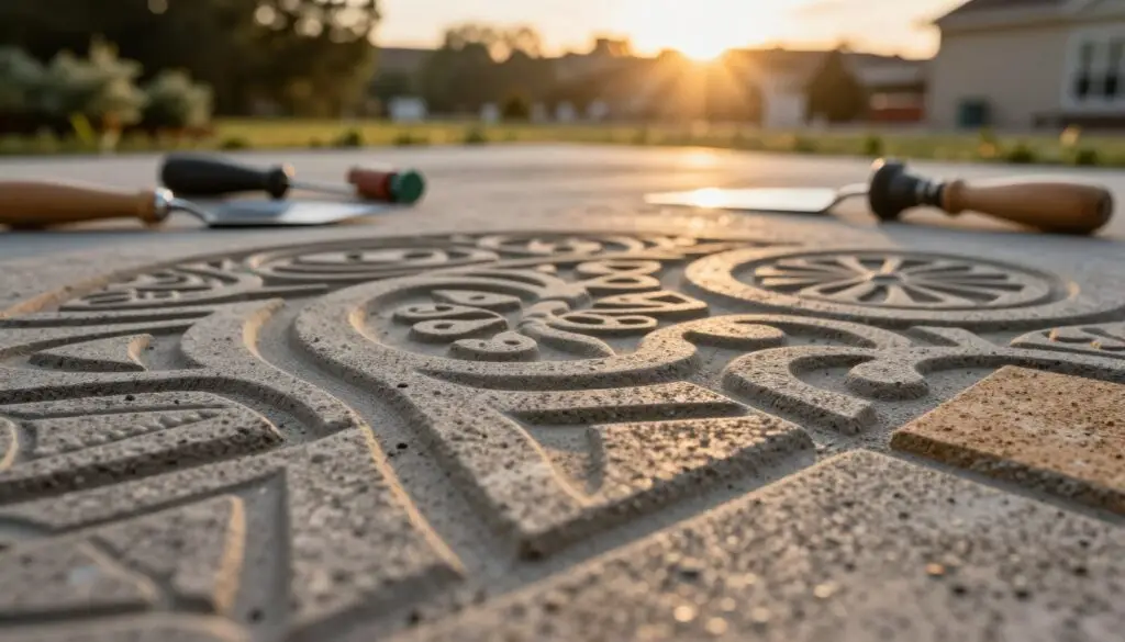 A stunning close-up of an intricately patterned decorative concrete surface, showcasing a variety of stamped designs in earthy tones of gray, tan, and brown. In the foreground, highlight the texture of the concrete, revealing details such as the natural stone-like appearance and unique grooves. In the middle ground, include tools commonly used by professionals, such as trowels and stamps, to give a sense of craftsmanship. The background features a softly blurred outdoor setting of Knoxville, with hints of green landscaping under a warm golden sunset light, creating an inviting atmosphere. Capture the scene from a low angle, emphasizing the artistry and skill involved in decorative concrete work, creating a professional and serene mood.
