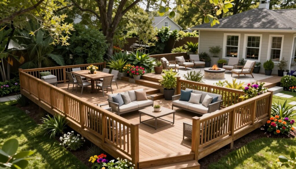 A stunning multi-level deck design showcasing various activity zones in a spacious backyard. In the foreground, a large wooden deck with elegant railings features comfortable seating areas, ideal for relaxation. The middle level includes a stylish dining area with a large table and chairs, surrounded by lush greenery and vibrant flowers. In the background, a lower deck with a cozy fire pit and lounge chairs creates a warm social space. Soft afternoon sunlight filters through the trees, casting dappled shadows on the decks, enhancing the inviting ambiance. The entire scene is captured from a slightly elevated angle, showcasing the layered design of the deck and the harmonizing natural elements. The mood is tranquil and inviting, perfect for outdoor gatherings and leisure activities. - deck builder cost